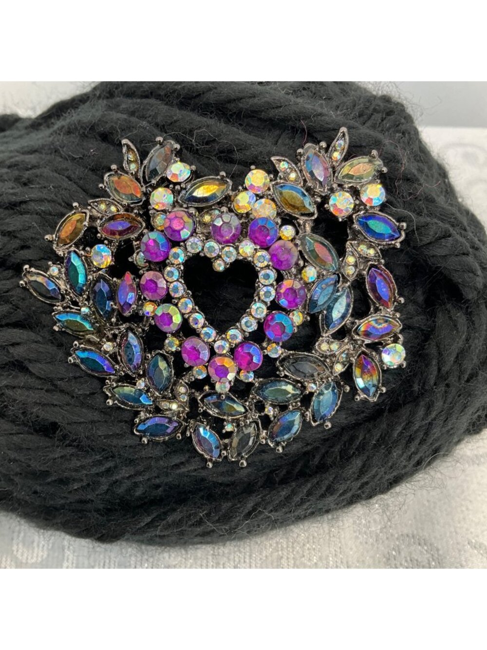 Heart-Shaped Rhinestone Brooch Pin With Iridescent Stones & Black Metal Setting